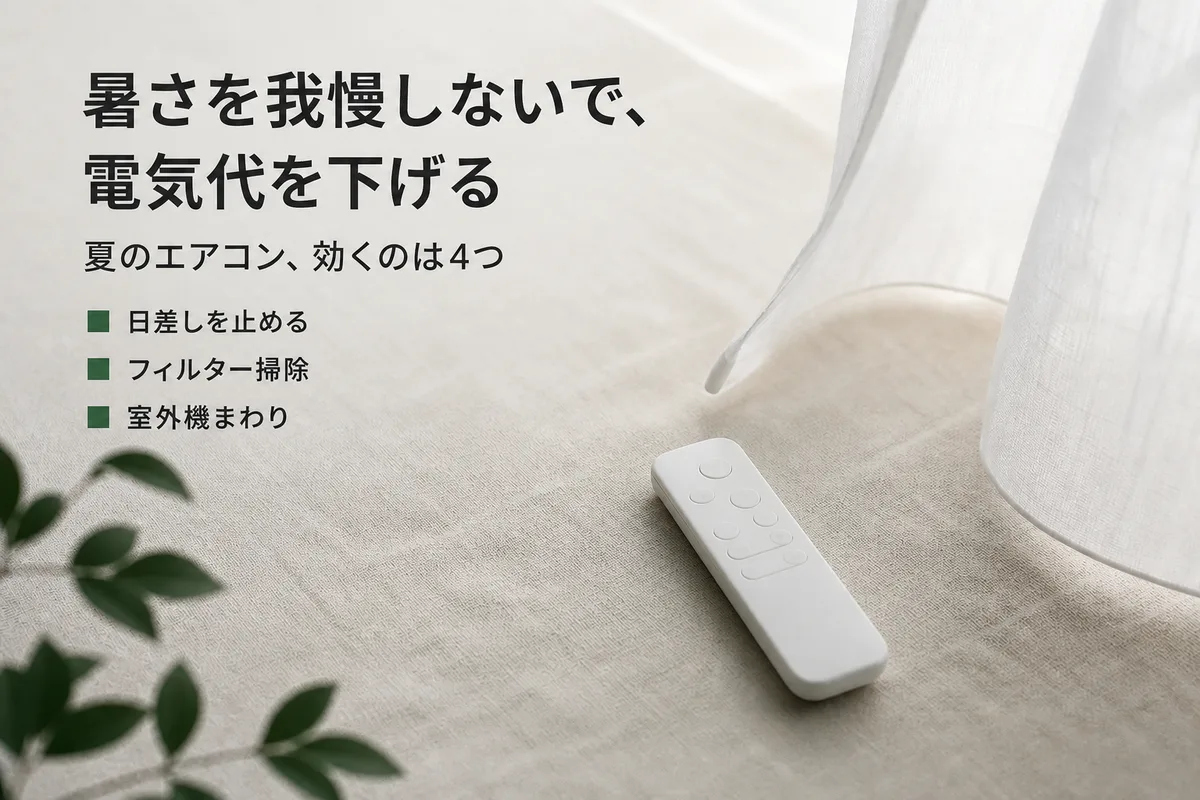 白いカーテンのそばに置かれたエアコンのリモコン