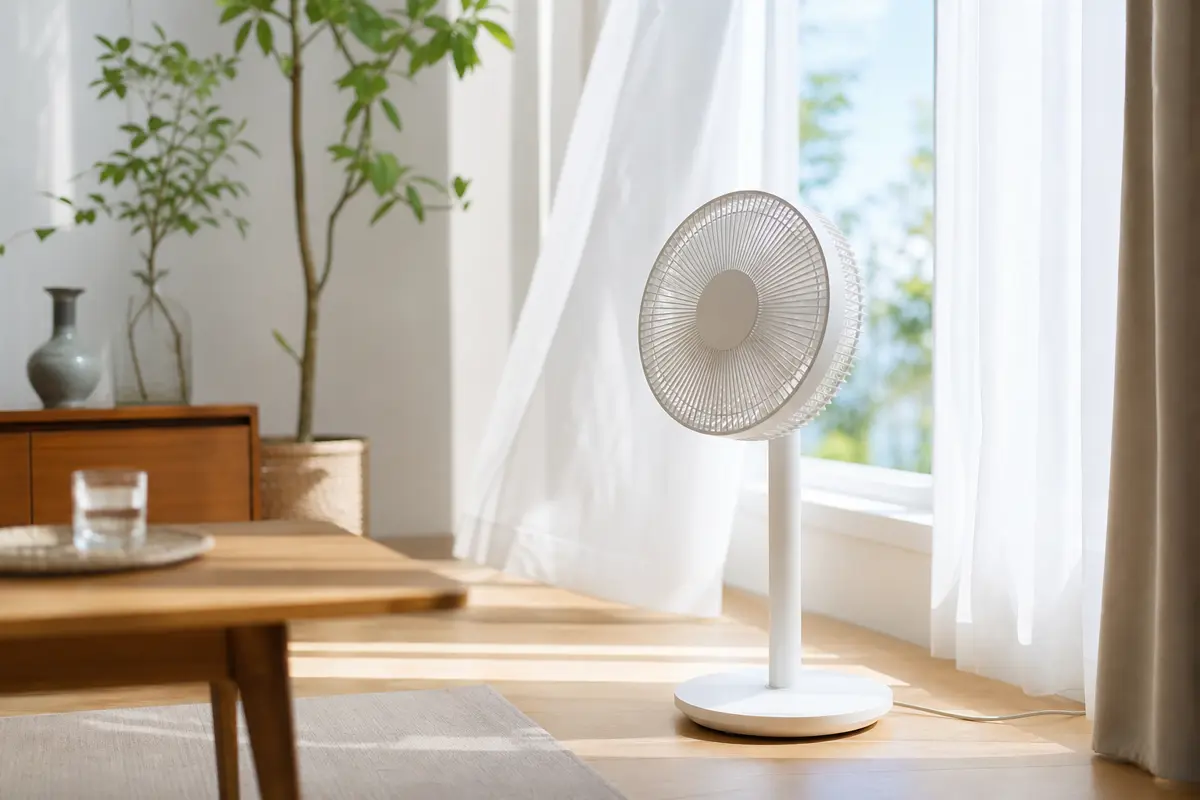 夏の朝のリビングで窓辺に置かれた白い扇風機