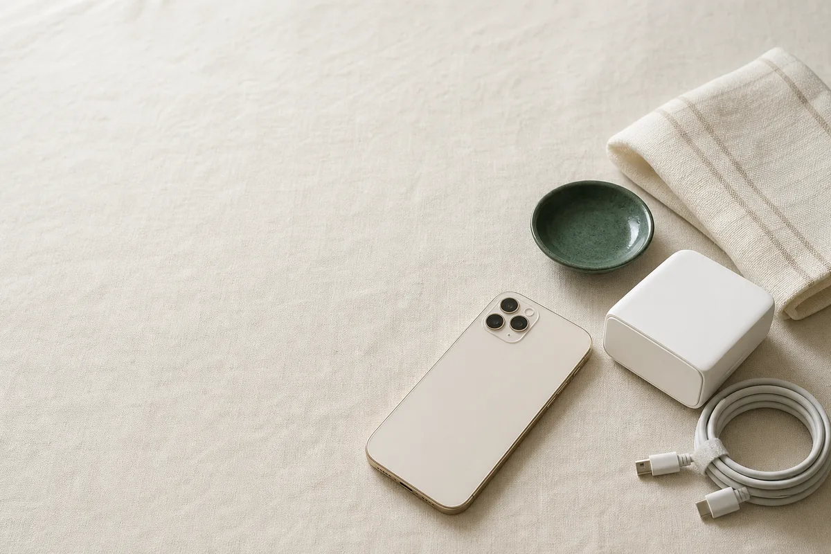 伏せたスマートフォンとルーター、丸めたケーブル